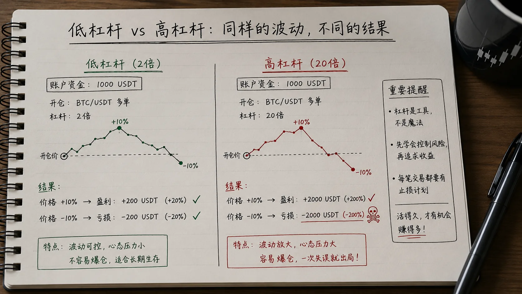 低杠杆和高杠杆交易风险对比图,展示同样价格波动下不同杠杆倍数对盈利、亏损和爆仓风险的影响