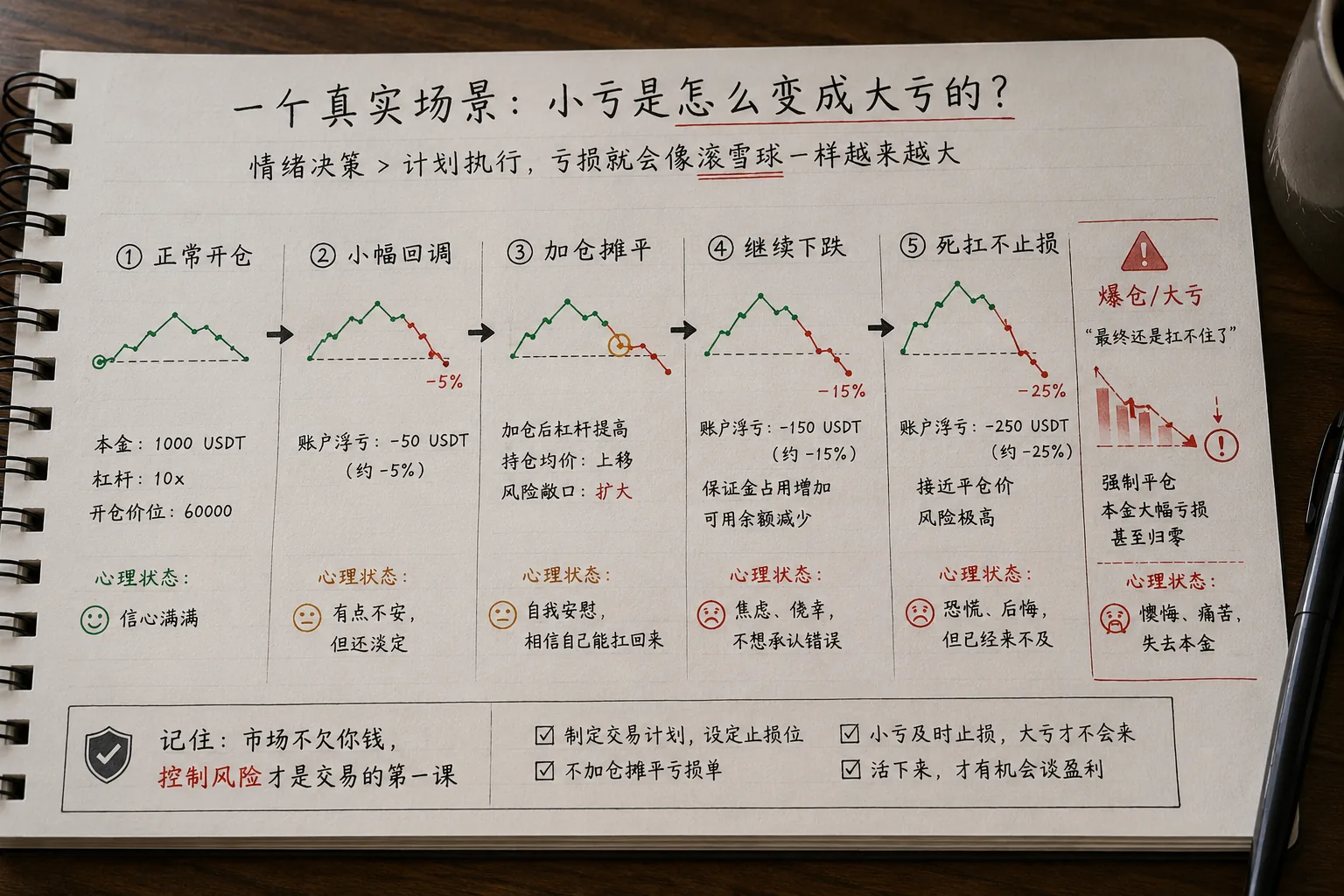 交易亏损路径示意图,展示新手从正常开仓到小幅回调、加仓摊平、继续下跌、死扛不止损,最后演变成大亏或爆仓的过程