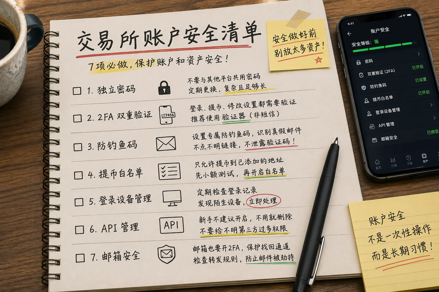 交易所账户安全设置清单,新手注册后需要检查密码、2FA、防钓鱼码、提币白名单和邮箱安全