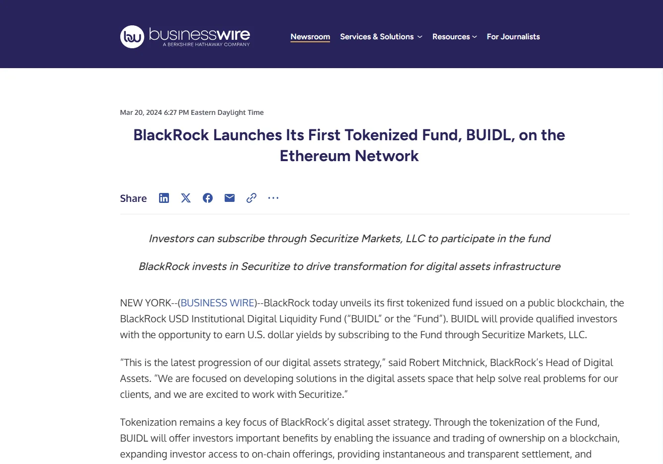 BlackRock BUIDL代币化基金新闻稿页面截图