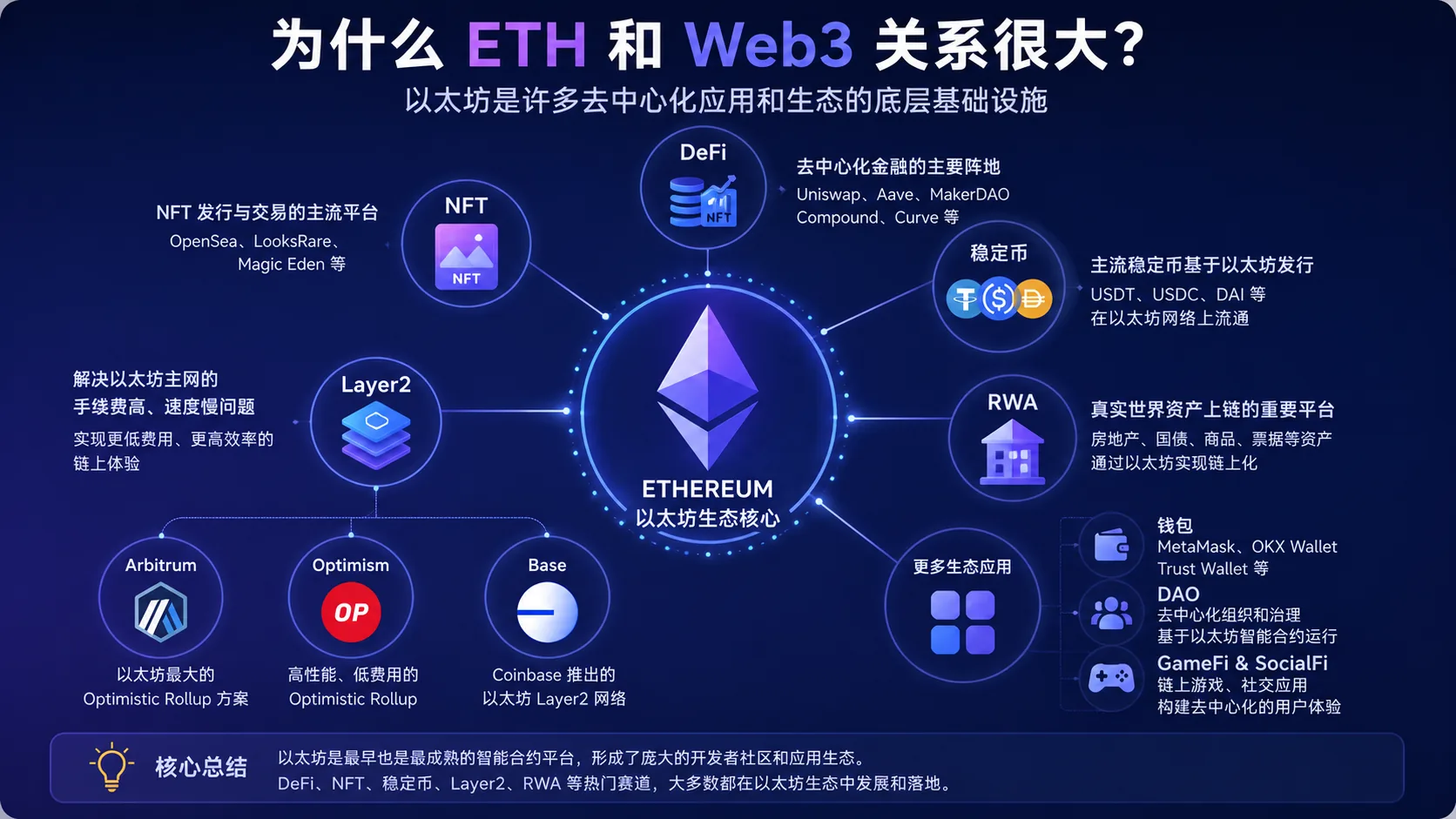 以太坊连接 DeFi、NFT、稳定币、Layer2 和 RWA 等 Web3 应用生态。