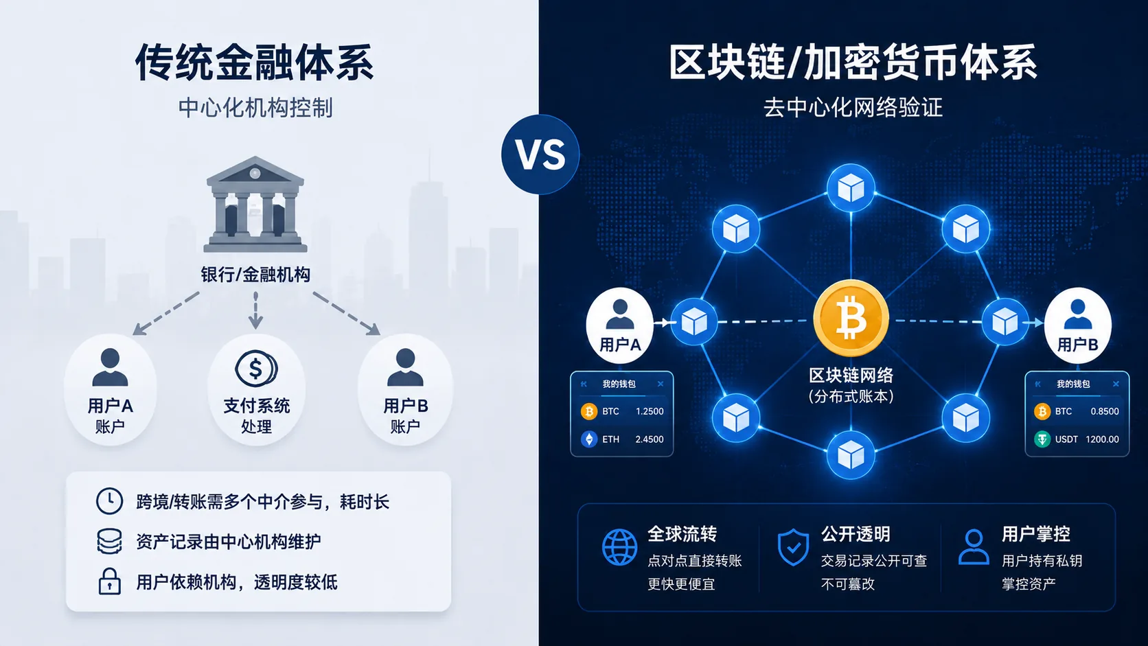 传统金融与区块链加密货币体系对比图，展示银行中介模式与区块链网络、加密钱包和点对点转账的区别