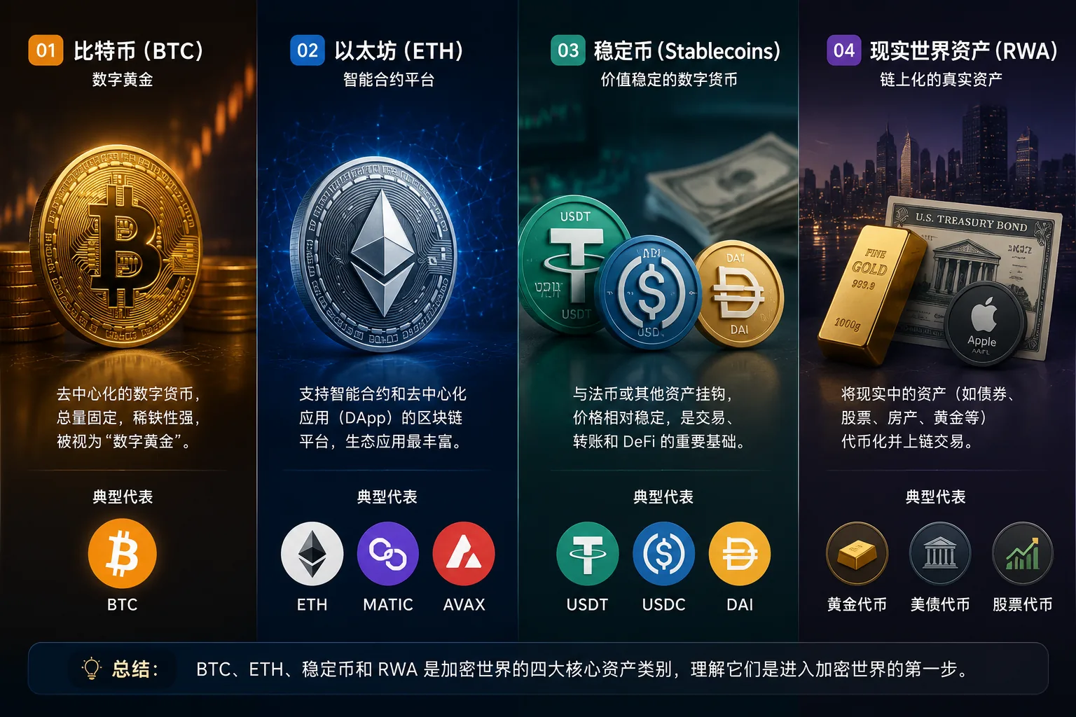 比特币、以太坊、稳定币和RWA四类加密货币核心资产分类示意图