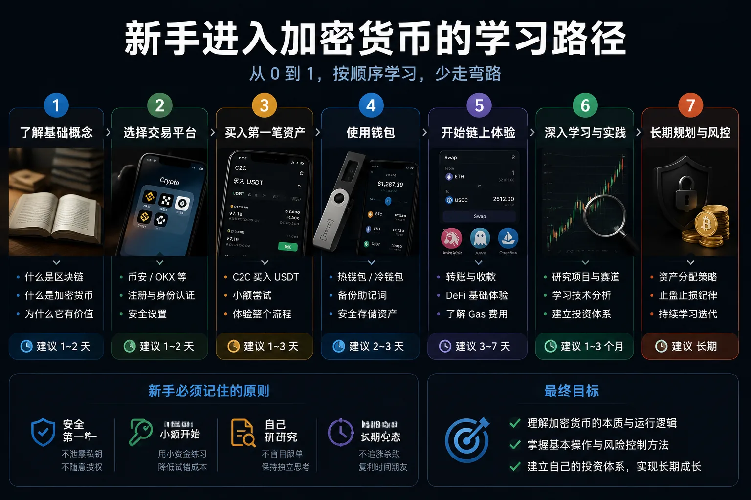 加密货币新手学习路径示意图，展示从区块链基础、BTC与ETH认知、钱包安全、稳定币到RWA和链上应用的学习顺序