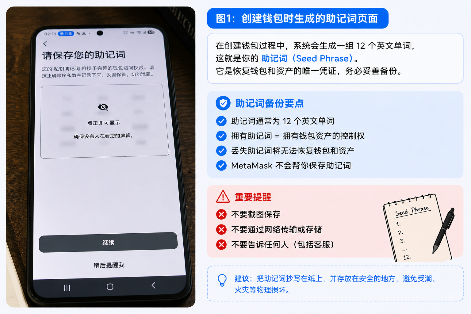 MetaMask钱包创建时生成助记词页面 助记词备份和钱包安全示意图
