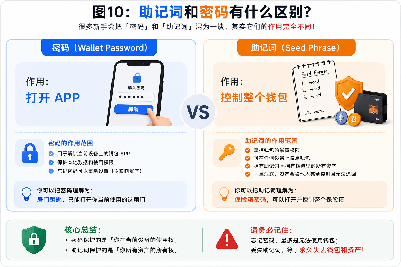 助记词和钱包密码区别 钱包密码只能打开App助记词控制资产示意图