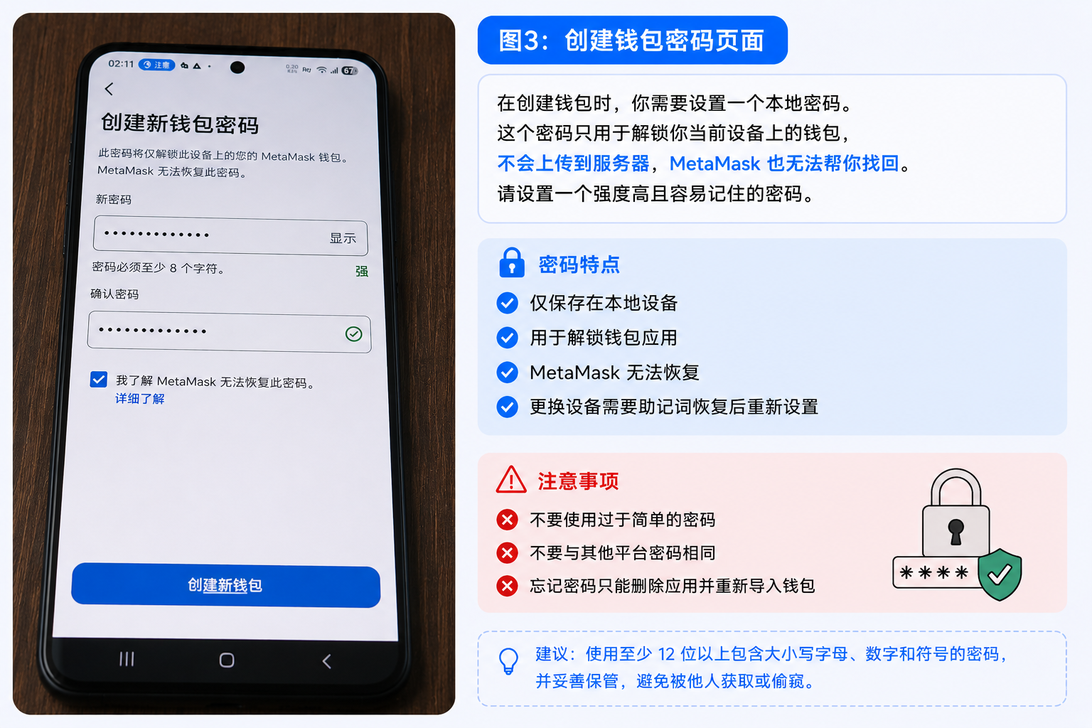 MetaMask创建钱包密码页面 钱包密码和助记词区别示意图