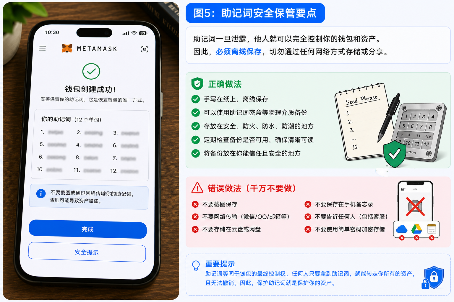 助记词安全保管方法 手写备份离线保存和错误保存方式示意图