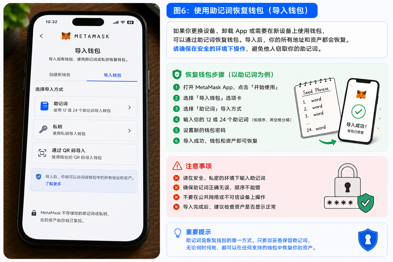 MetaMask使用助记词恢复钱包和导入钱包流程示意图