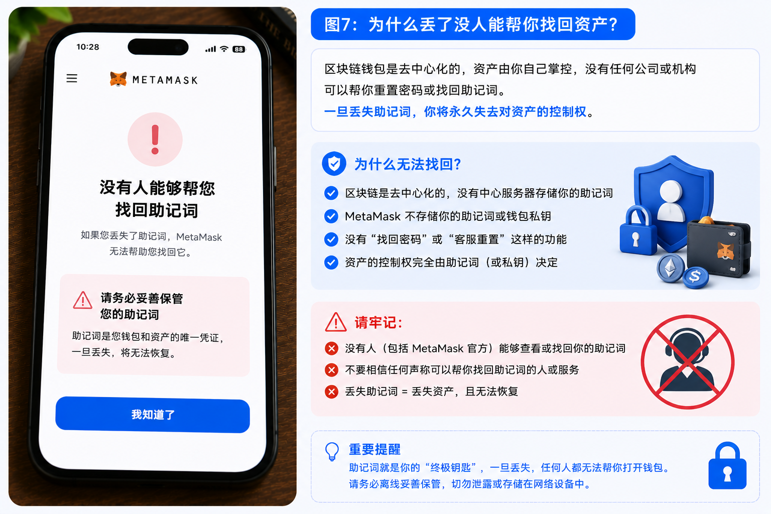 助记词丢失无法找回 钱包资产恢复风险示意图