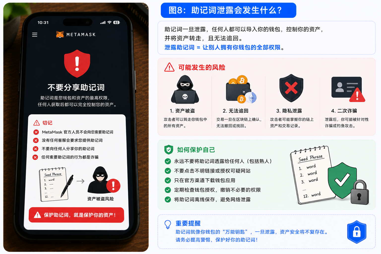 助记词泄露风险 假客服假网站索要助记词导致钱包资产被盗示意图