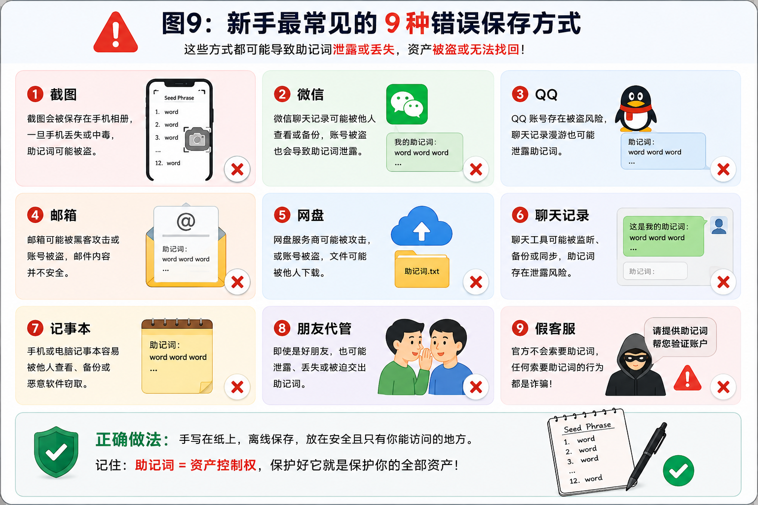 助记词错误保存方式 截图微信邮箱网盘和假客服索要助记词风险