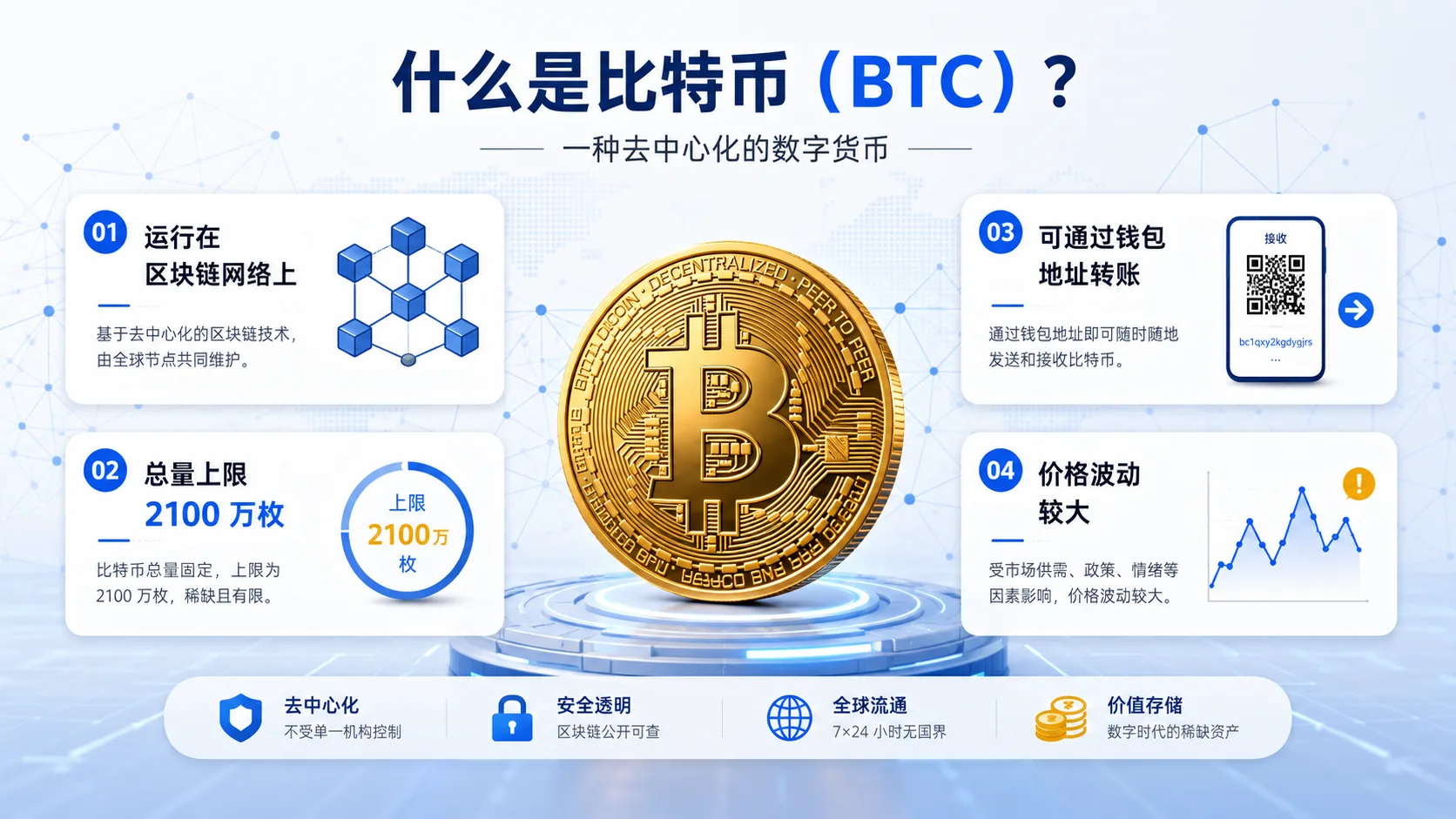 比特币 BTC 基础概念图，说明区块链网络、2100万枚上限、钱包转账和价格波动风险
