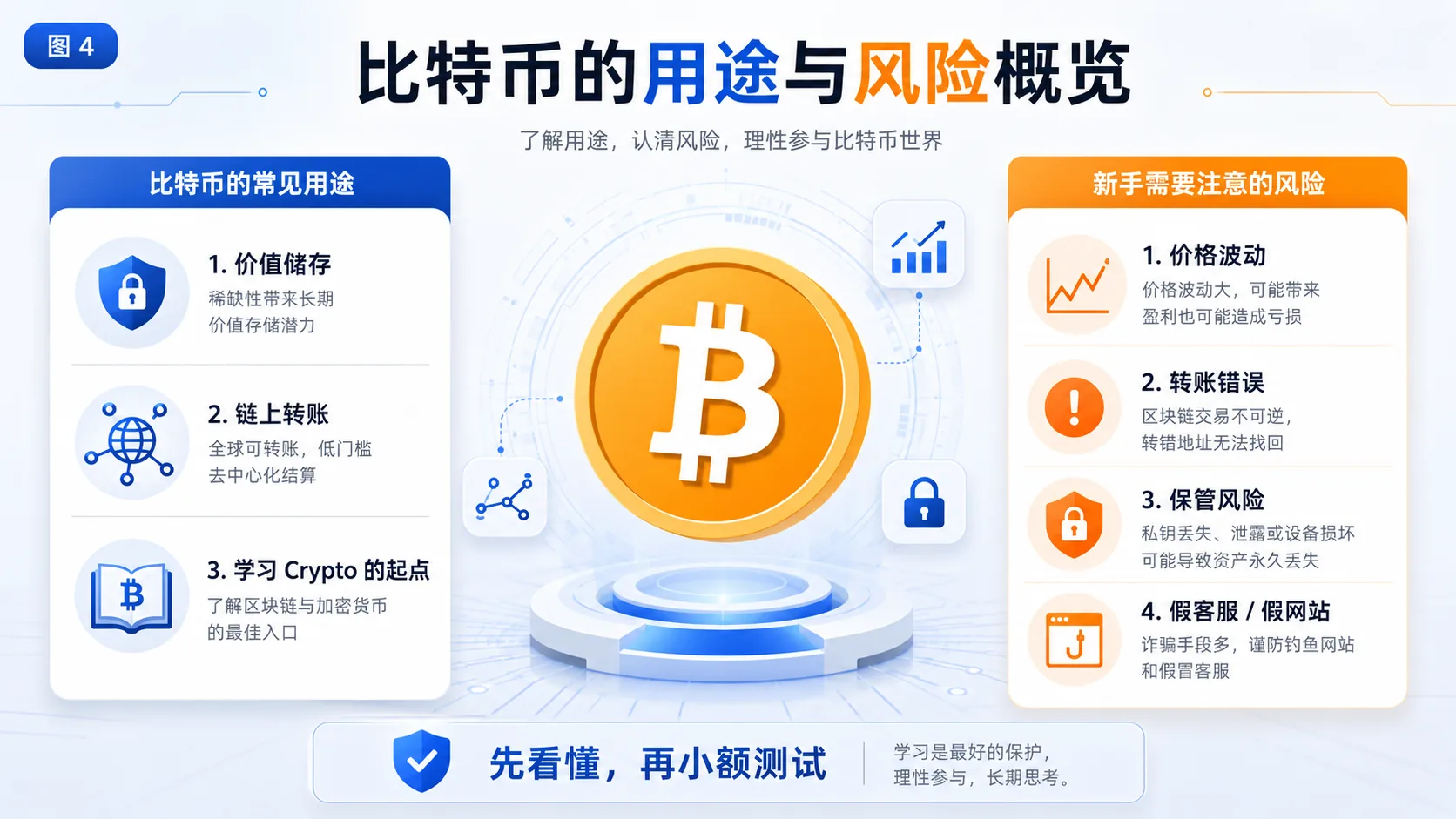 比特币用途与风险概览图，说明 BTC 的价值储存、链上转账和新手常见安全风险