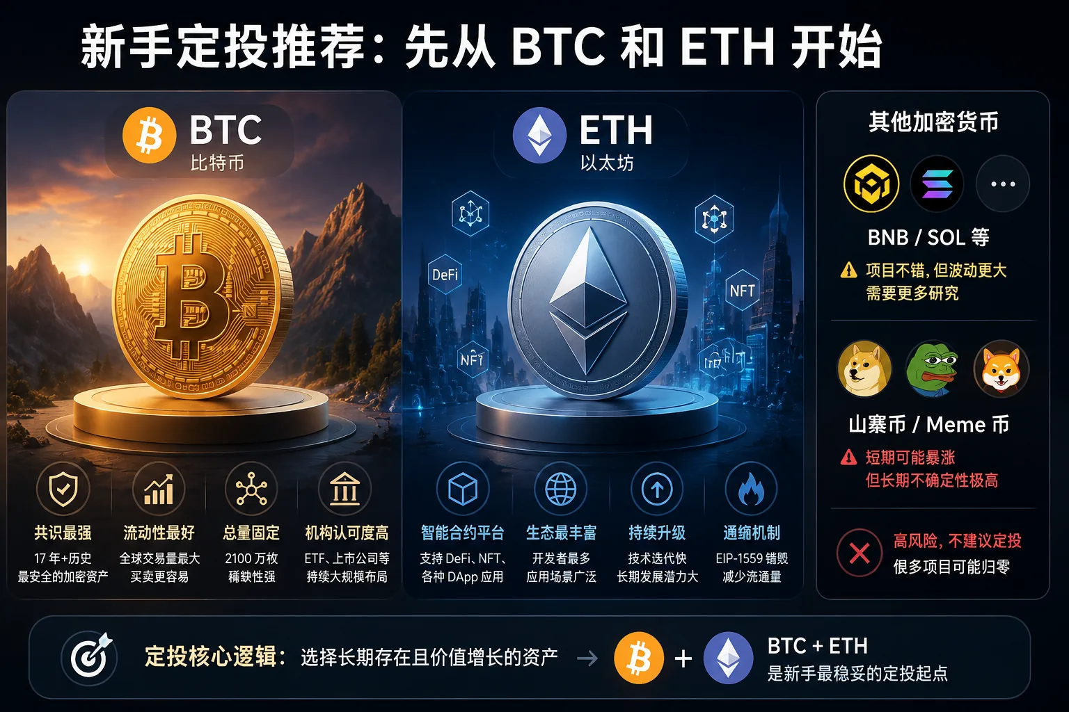 BTC和ETH经历多轮牛熊周期,价格长期向上增长,适合作为定投核心资产