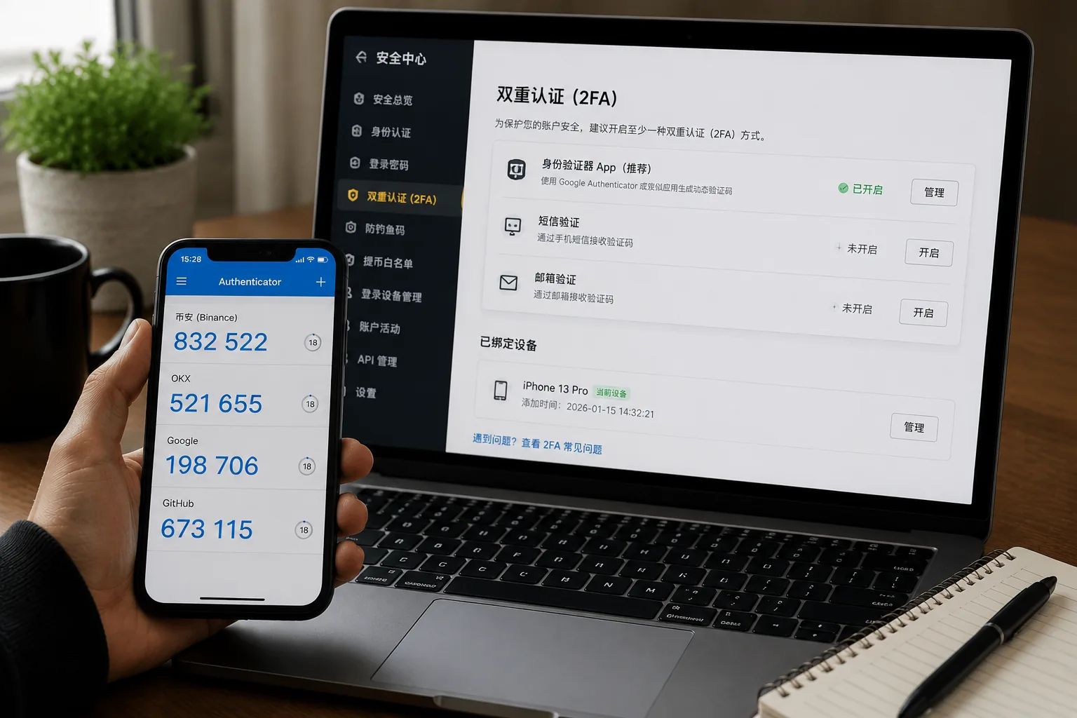 加密货币账户安全设置中的2FA双重验证页面,展示验证器App和登录保护功能