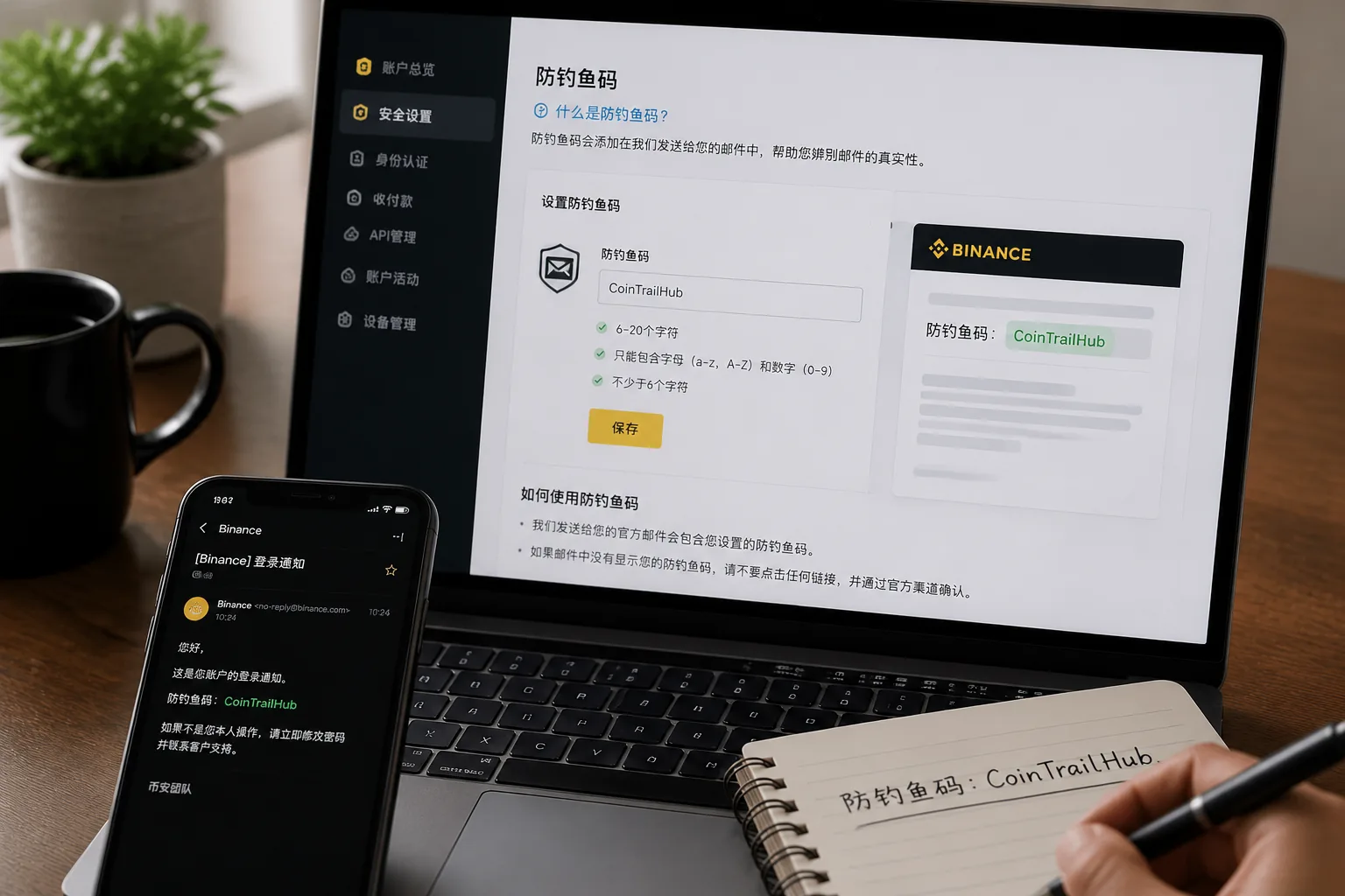 交易所账户防钓鱼码设置场景,电脑展示防钓鱼码页面,手机同步显示带防钓鱼码的官方邮件通知