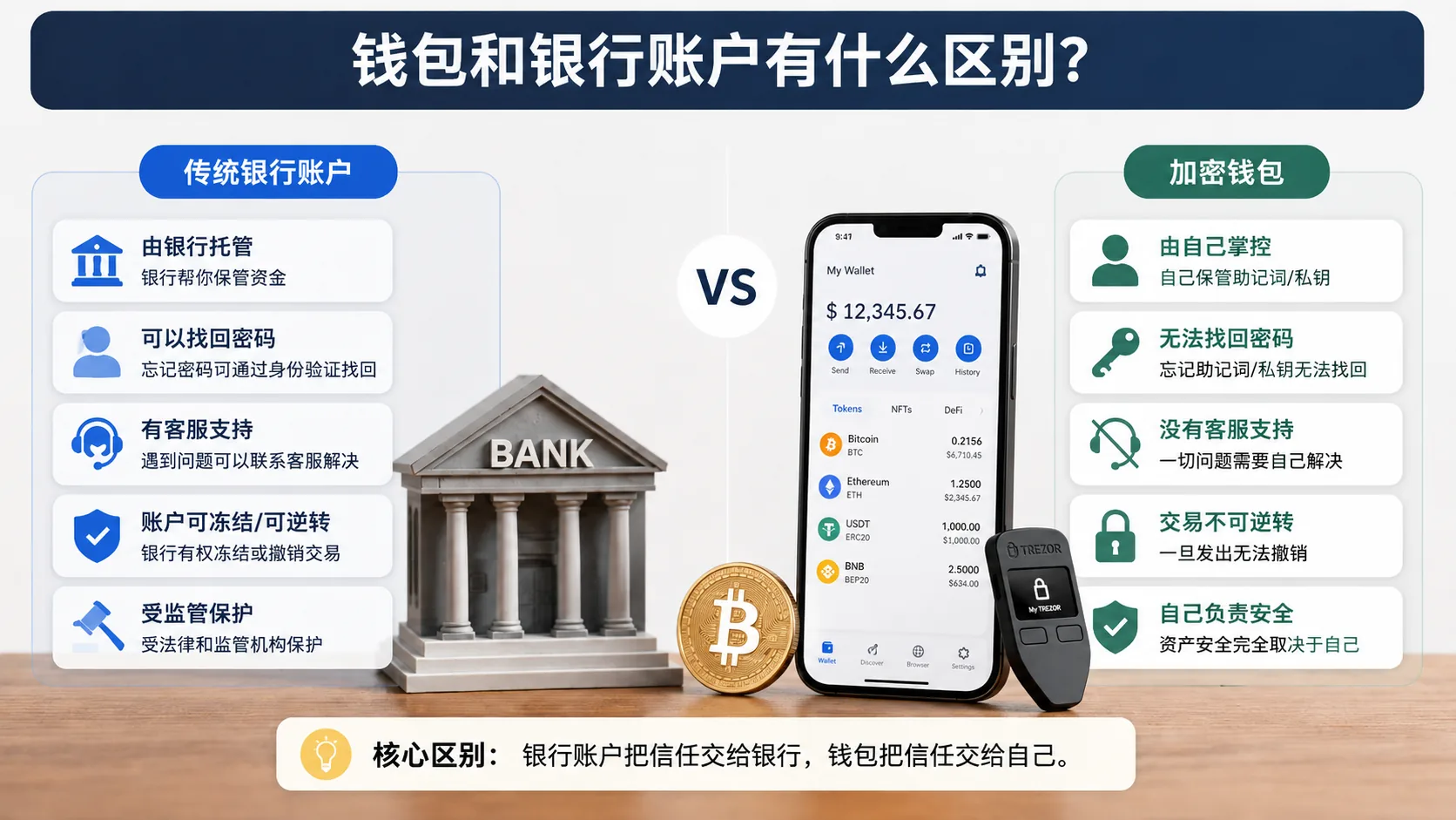 钱包和银行账户区别对比图,展示传统银行账户与加密钱包在托管方式、找回密码、客服支持、交易可逆性和安全责任上的差异