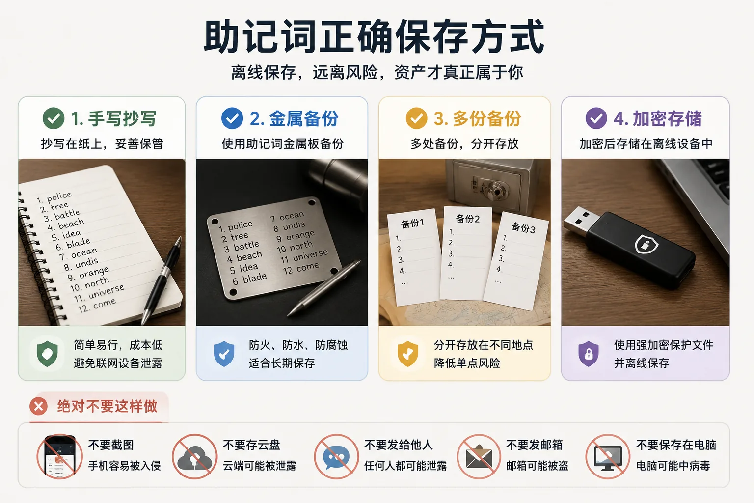 助记词安全保存方式示意图,展示加密钱包助记词离线备份、金属备份、多地点保存和避免截图云端存储等安全方法