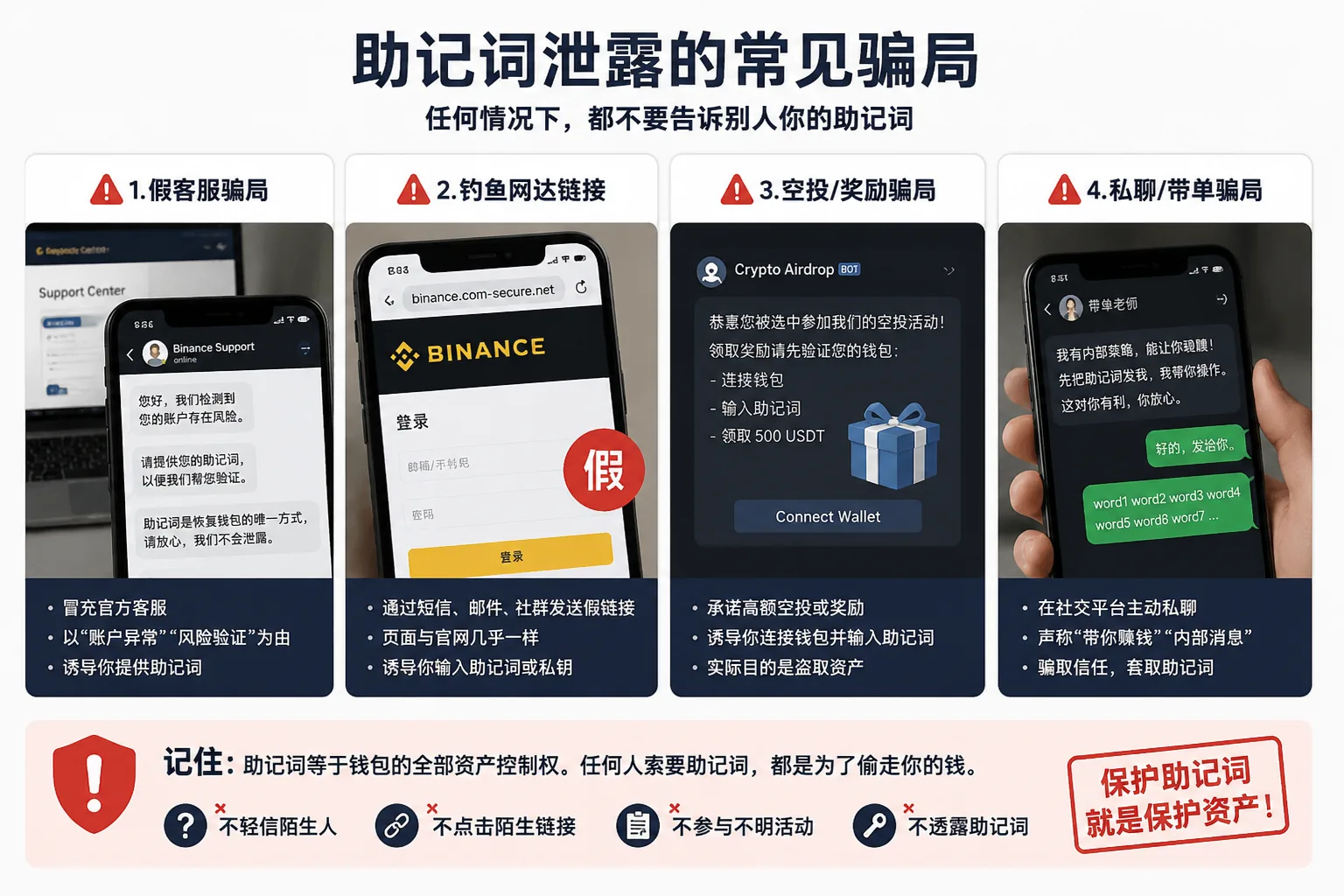 助记词泄露常见骗局示意图,展示假客服、钓鱼网站、虚假空投和私聊诈骗等加密钱包诈骗方式,提醒用户保护助记词安全