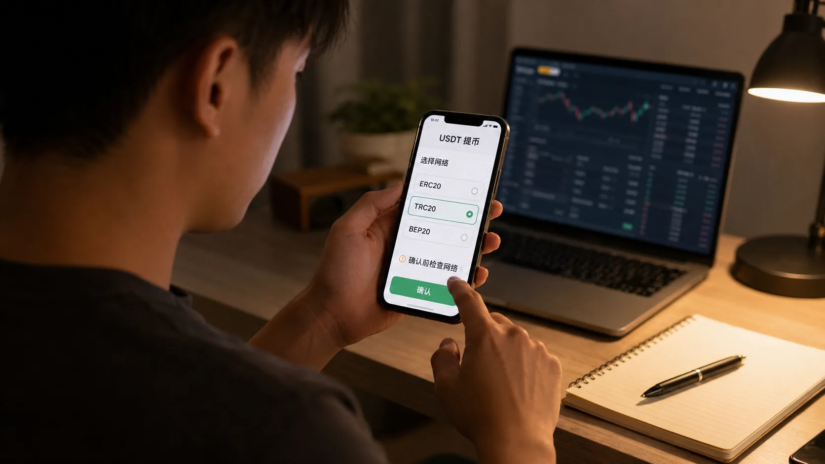 加密货币新手提币时检查USDT转账网络,手机显示ERC20、TRC20等网络选择界面,避免因网络错误导致资产无法到账
