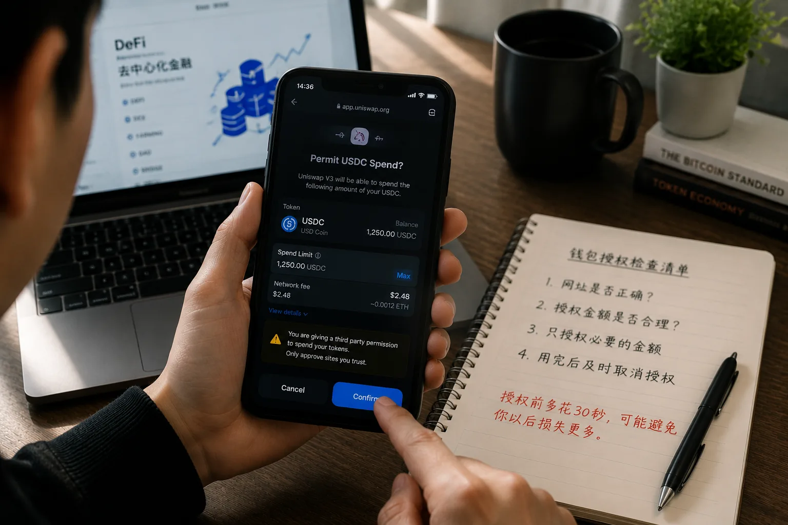 Web3钱包授权安全场景,加密货币用户在手机上查看USDC授权请求,确认签名前检查钱包权限避免资产风险