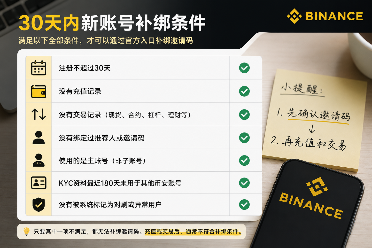 币安新账号30天内补绑邀请码的7项条件,包括未充值、未交易、未绑定推荐人和KYC资料要求