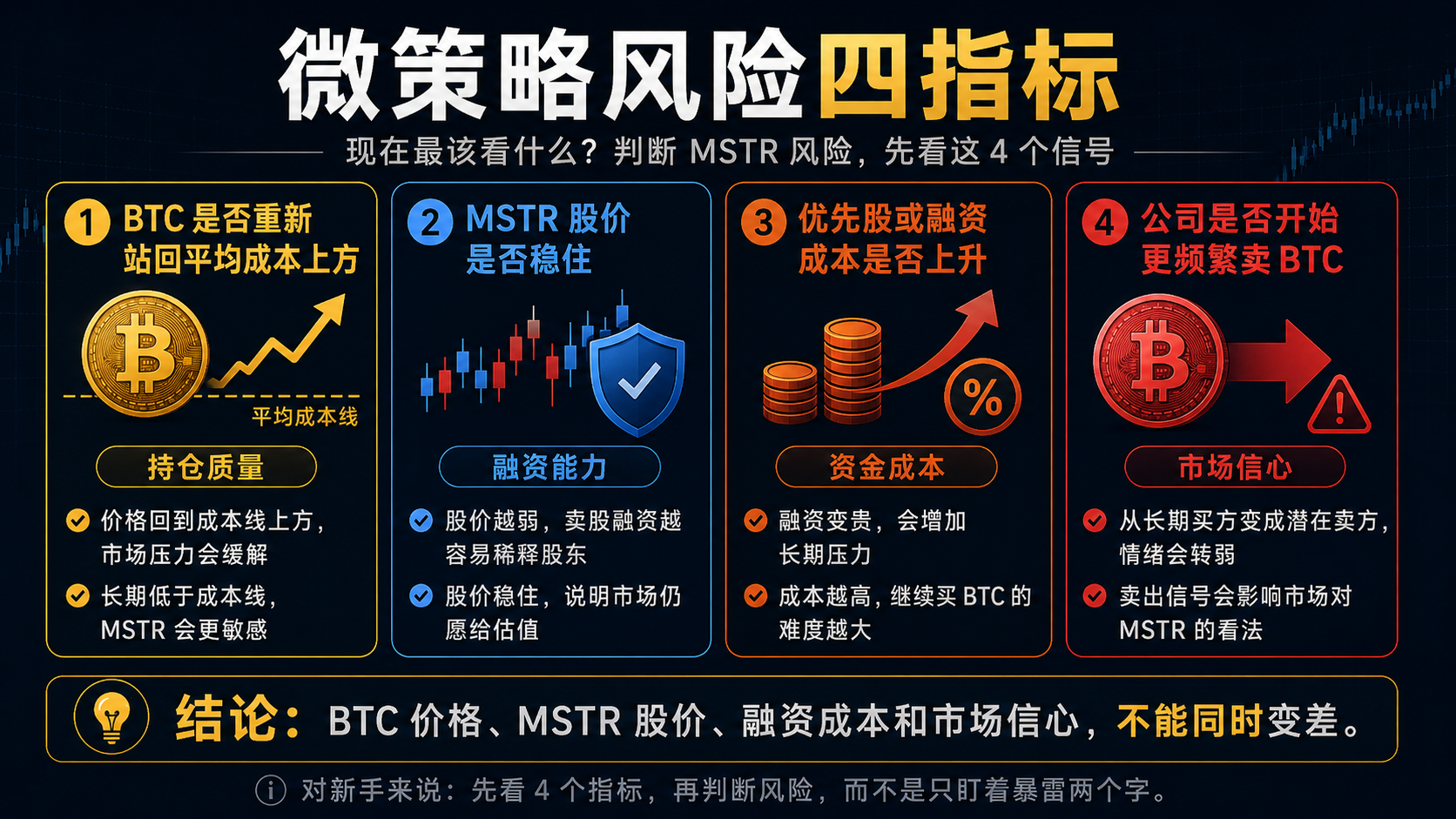 微策略MSTR风险四指标,BTC价格、MSTR股价、融资成本和卖出BTC信号