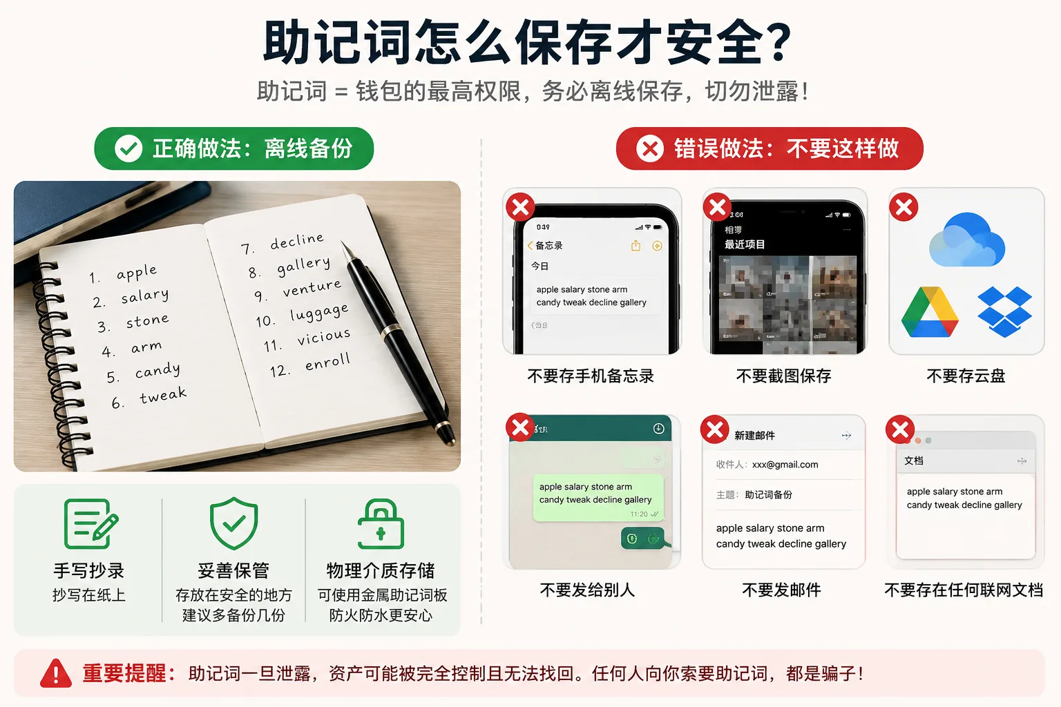助记词安全保存方法:离线手写备份,避免截图、云盘、邮箱和聊天工具泄露