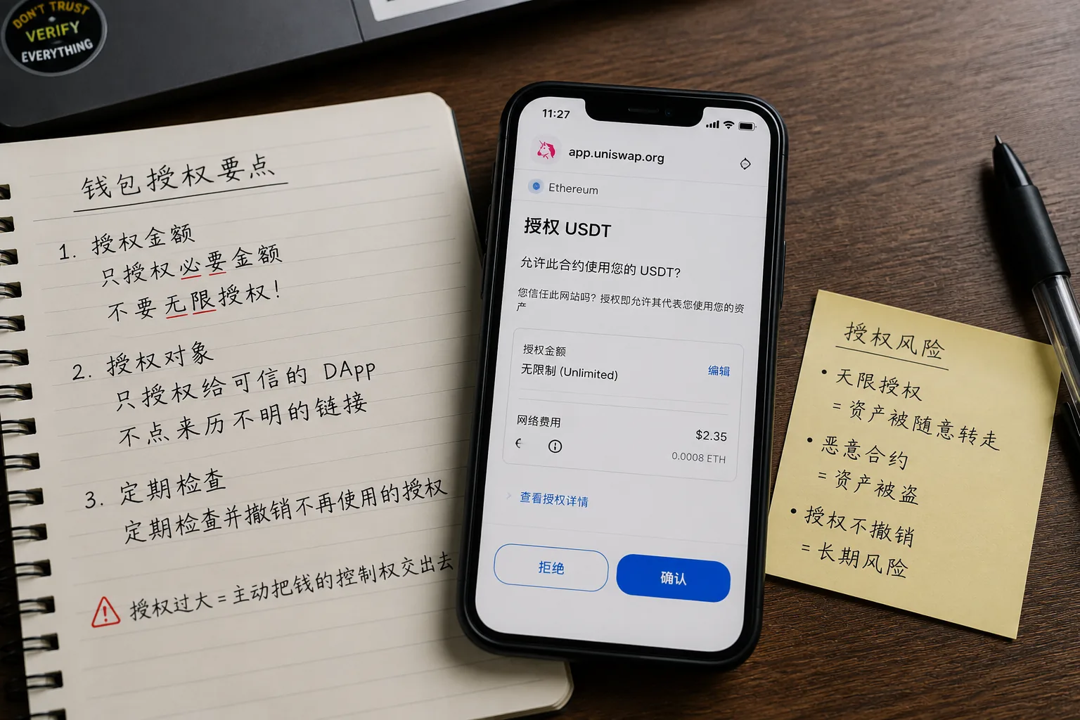 钱包授权风险示意图:连接 DApp 前核对授权金额,避免无限授权和恶意合约风险