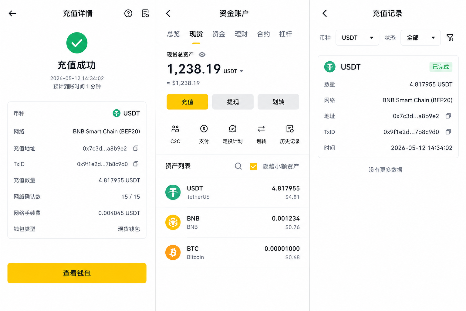 币安交易所USDT充值完成页面,显示BNB Smart Chain网络到账记录和充值详情