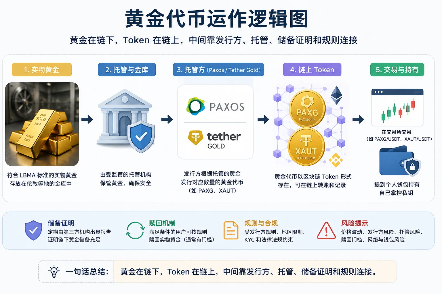 黄金代币运作逻辑图，展示实物黄金、托管金库、发行方、链上Token、交易所和钱包之间的关系