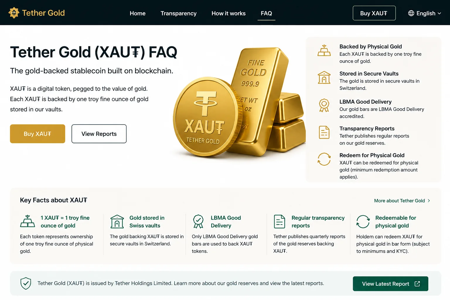 Tether Gold XAUT官方FAQ说明图，展示XAUT由实物黄金支持、透明度报告、LBMA Good Delivery金条和实物黄金赎回规则