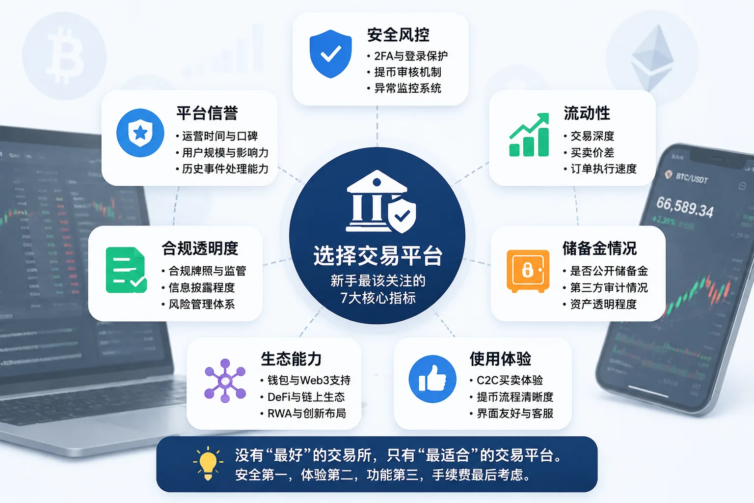 加密货币交易平台选择核心指标,包括安全风控、平台信誉、流动性、合规透明度和用户体验
