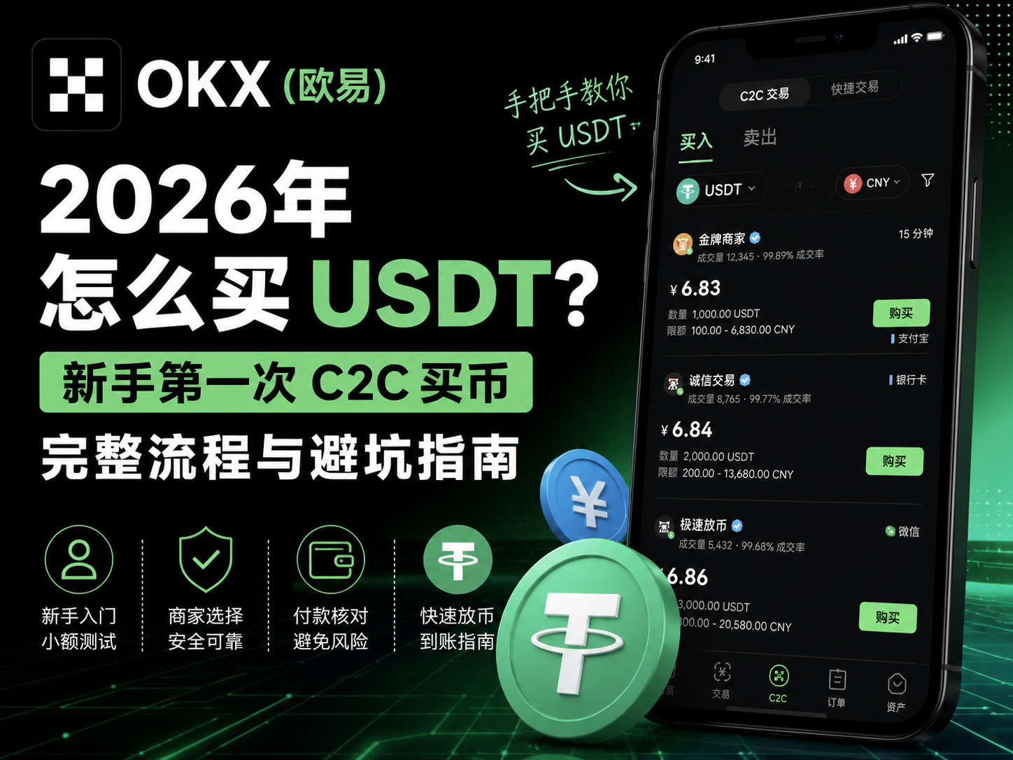 2026年 OKX（欧易）怎么买 USDT？新手第一次 C2C 买币完整流程与避坑