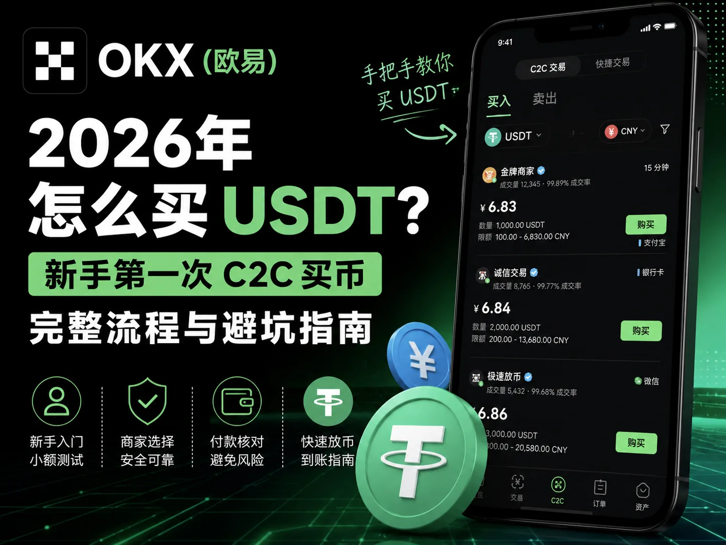 2026年 OKX（欧易）怎么买 USDT？新手第一次 C2C 买币完整流程与避坑