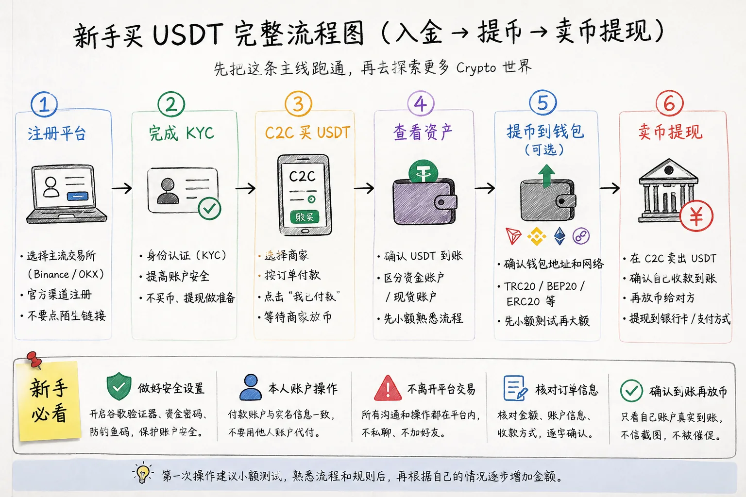 新手买USDT完整流程图,展示注册平台、完成KYC、C2C买USDT、查看资产、提币到钱包和卖币提现的完整步骤
