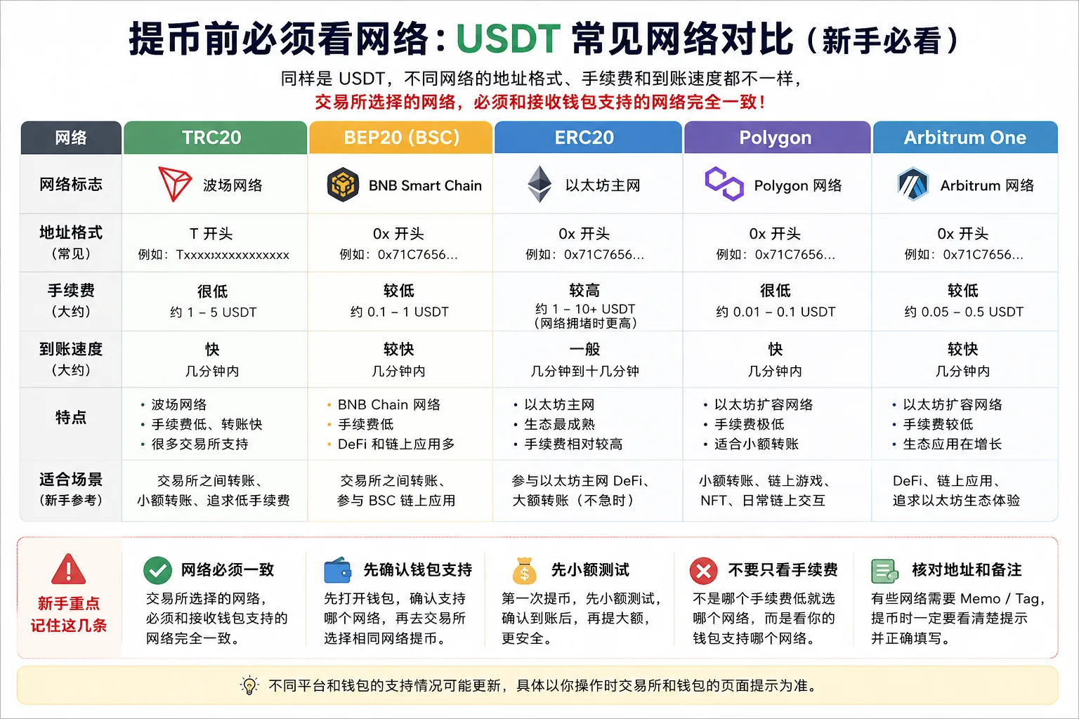 USDT常见提币网络对比图,展示TRC20、BEP20、ERC20、Polygon和Arbitrum等网络的地址格式、手续费、到账速度和提币注意事项