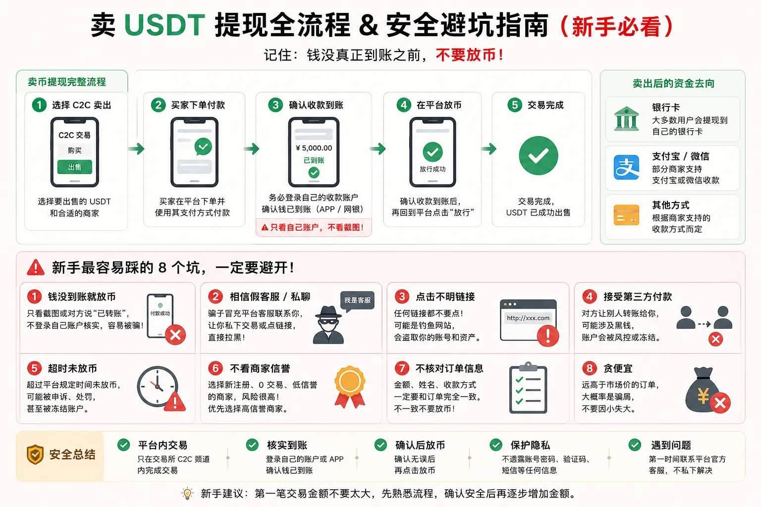 卖USDT提现安全避坑图,展示C2C卖出USDT、确认收款到账、平台放币和避免假客服、截图诈骗、第三方付款等风险