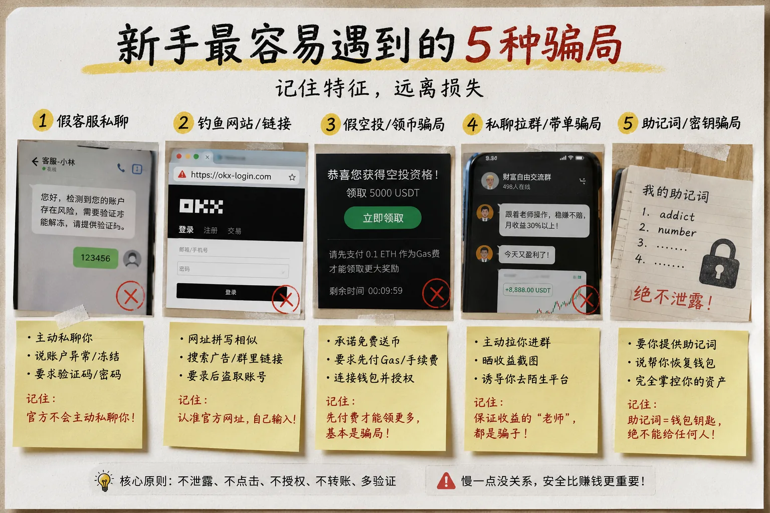 新手最容易遇到的Crypto骗局场景图,展示假客服私聊、钓鱼网站、假空投、私聊带单和助记词骗局等常见风险