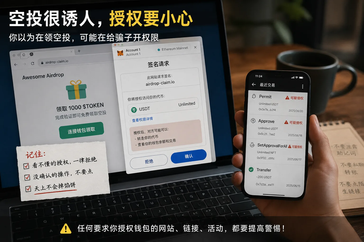 空投授权风险提醒图,展示假空投网站诱导用户连接钱包、签名授权、Approve授权和Permit授权等常见钱包安全风险