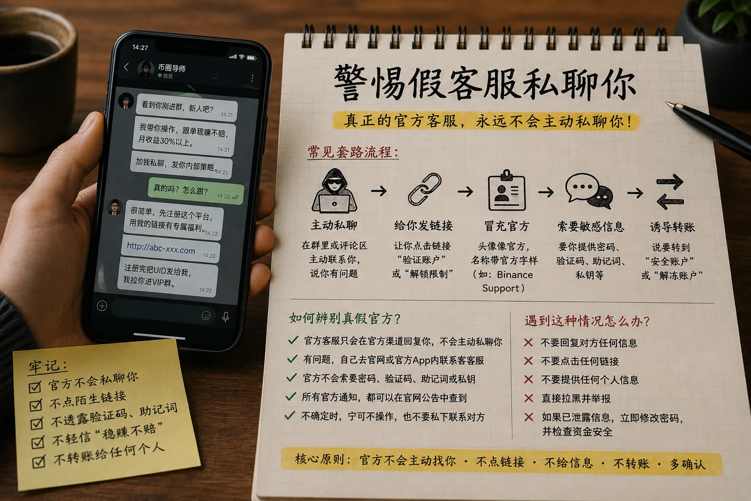 假客服私聊骗局提醒图,展示骗子冒充官方客服主动私聊、发送钓鱼链接、索要验证码助记词和诱导转账等常见风险
