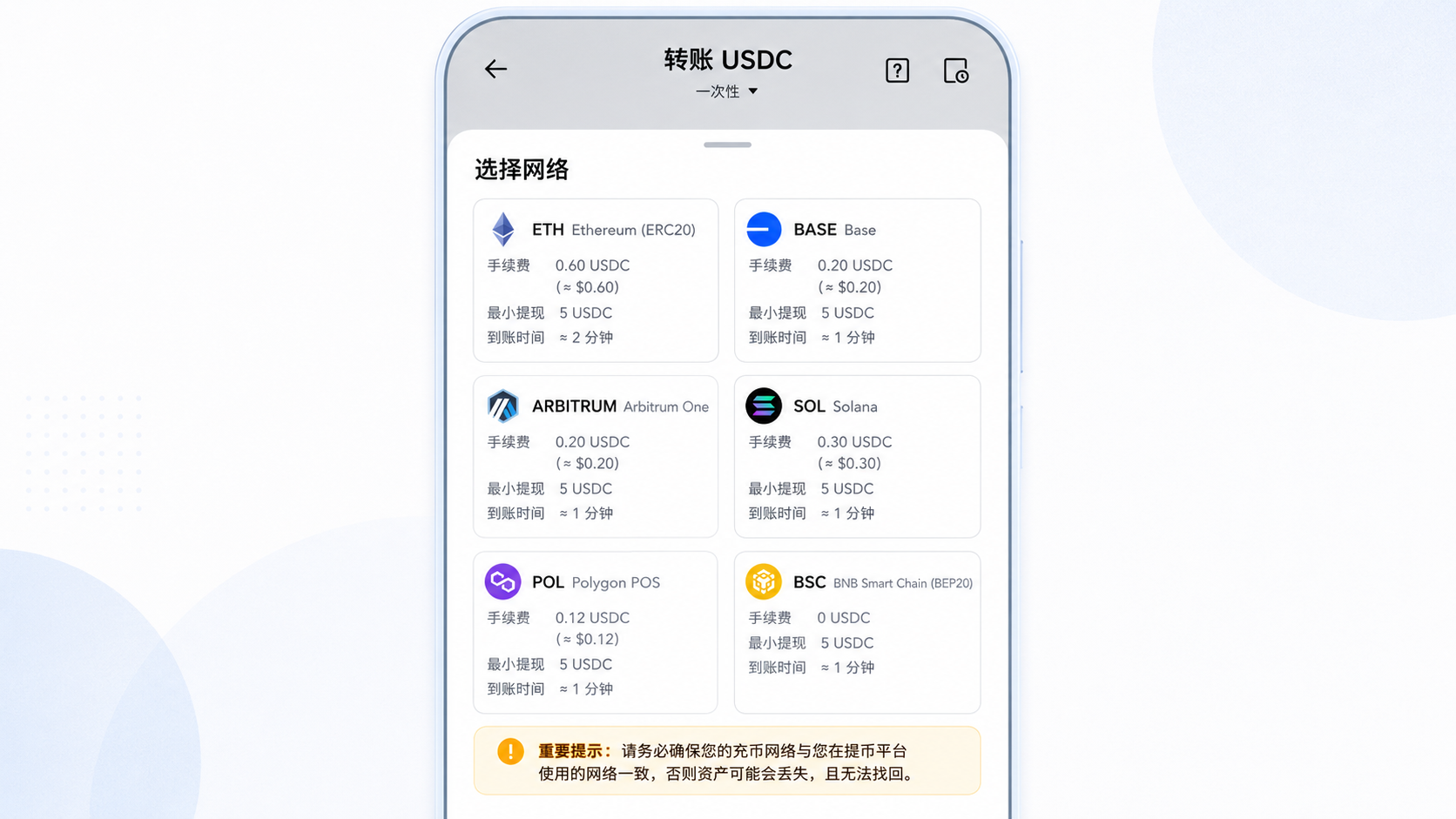 USDC转账网络选择页面示意图