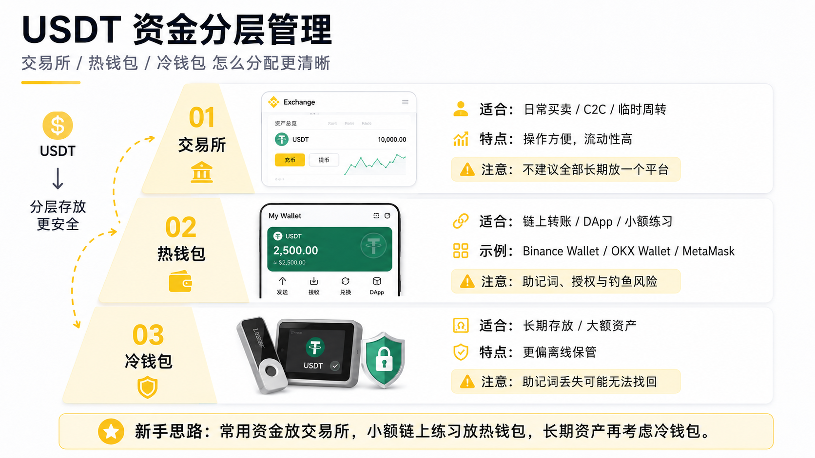 USDT资金分层管理示意图 交易所热钱包冷钱包三层存放方式
