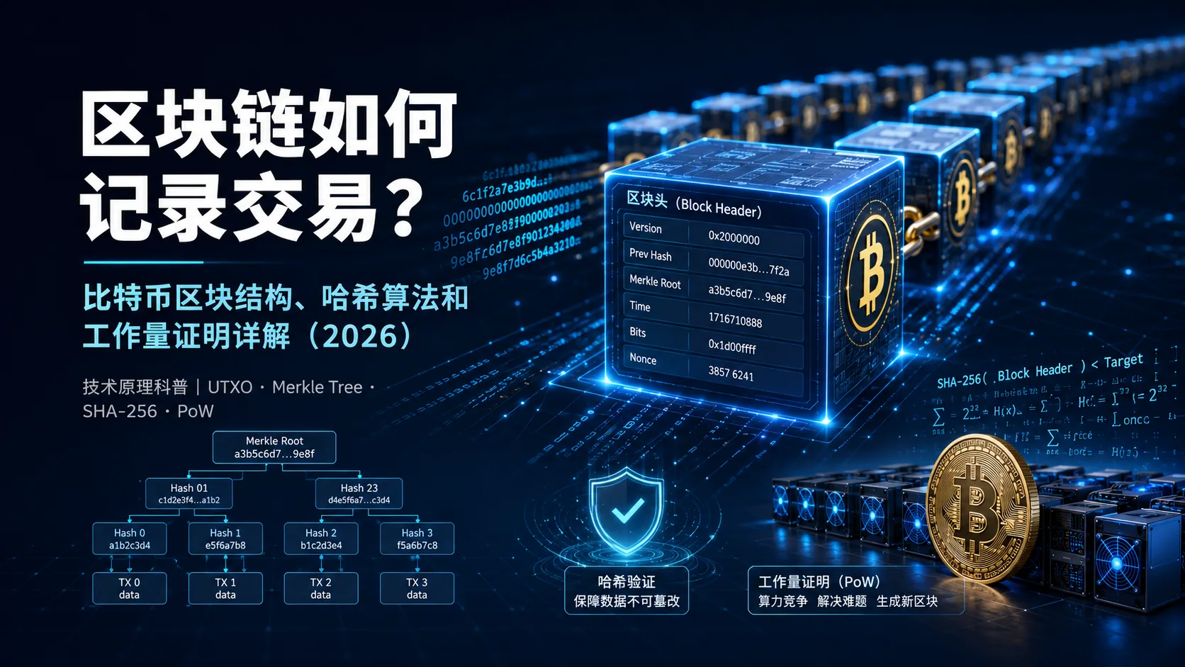 区块链如何记录交易？比特币区块结构、哈希算法和工作量证明详解（2026）