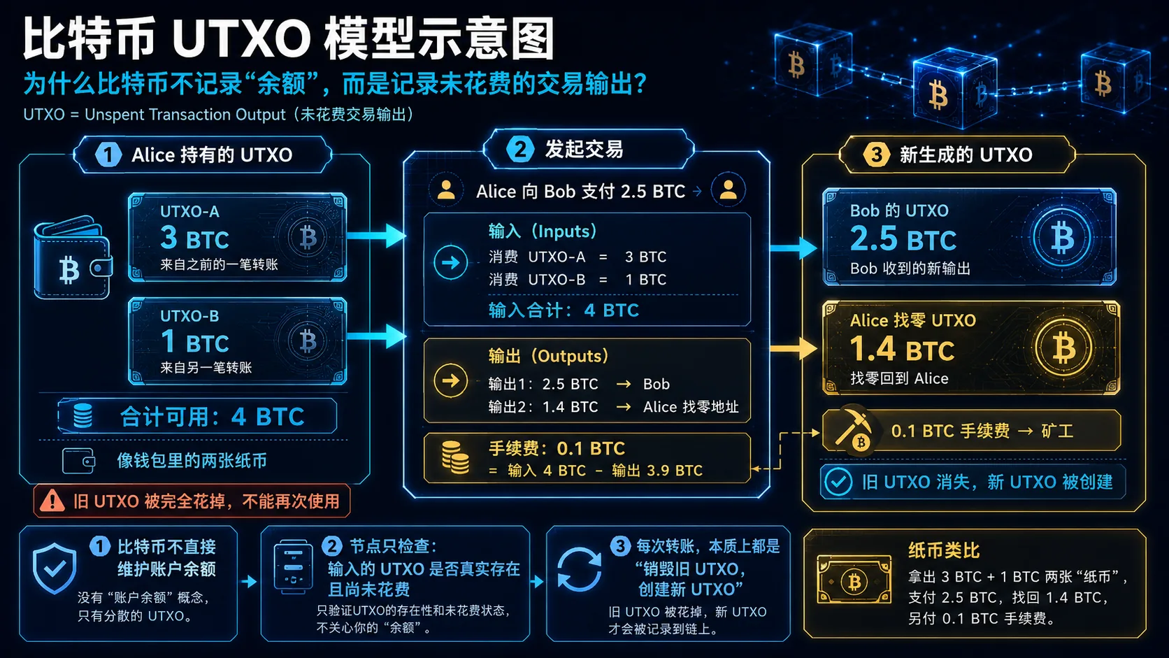比特币 UTXO 找零示意图