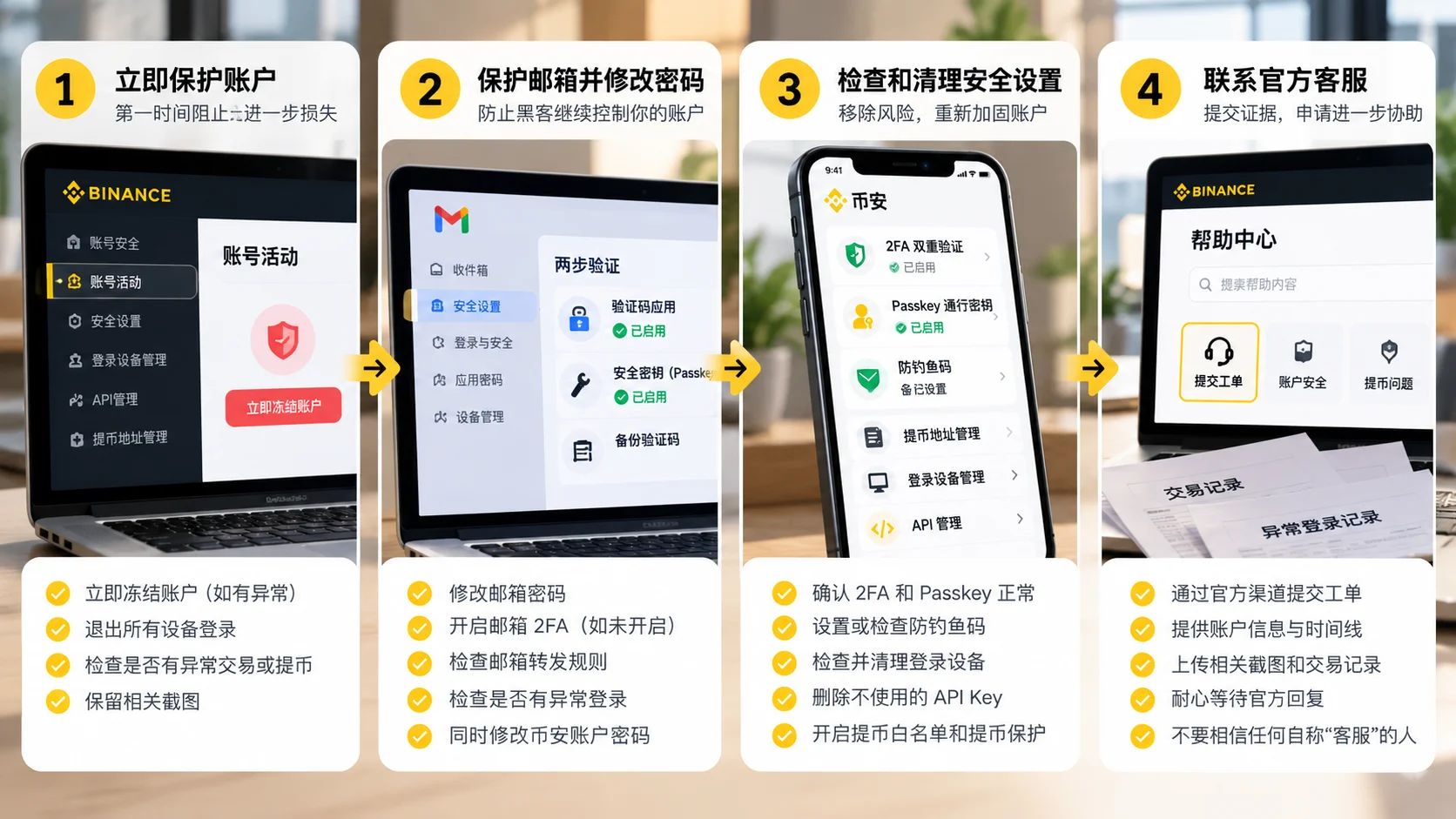 币安账户被盗后的4步自救流程:立即禁用账户、保护邮箱并修改密码、清理设备与API权限、联系官方客服并保留证据
