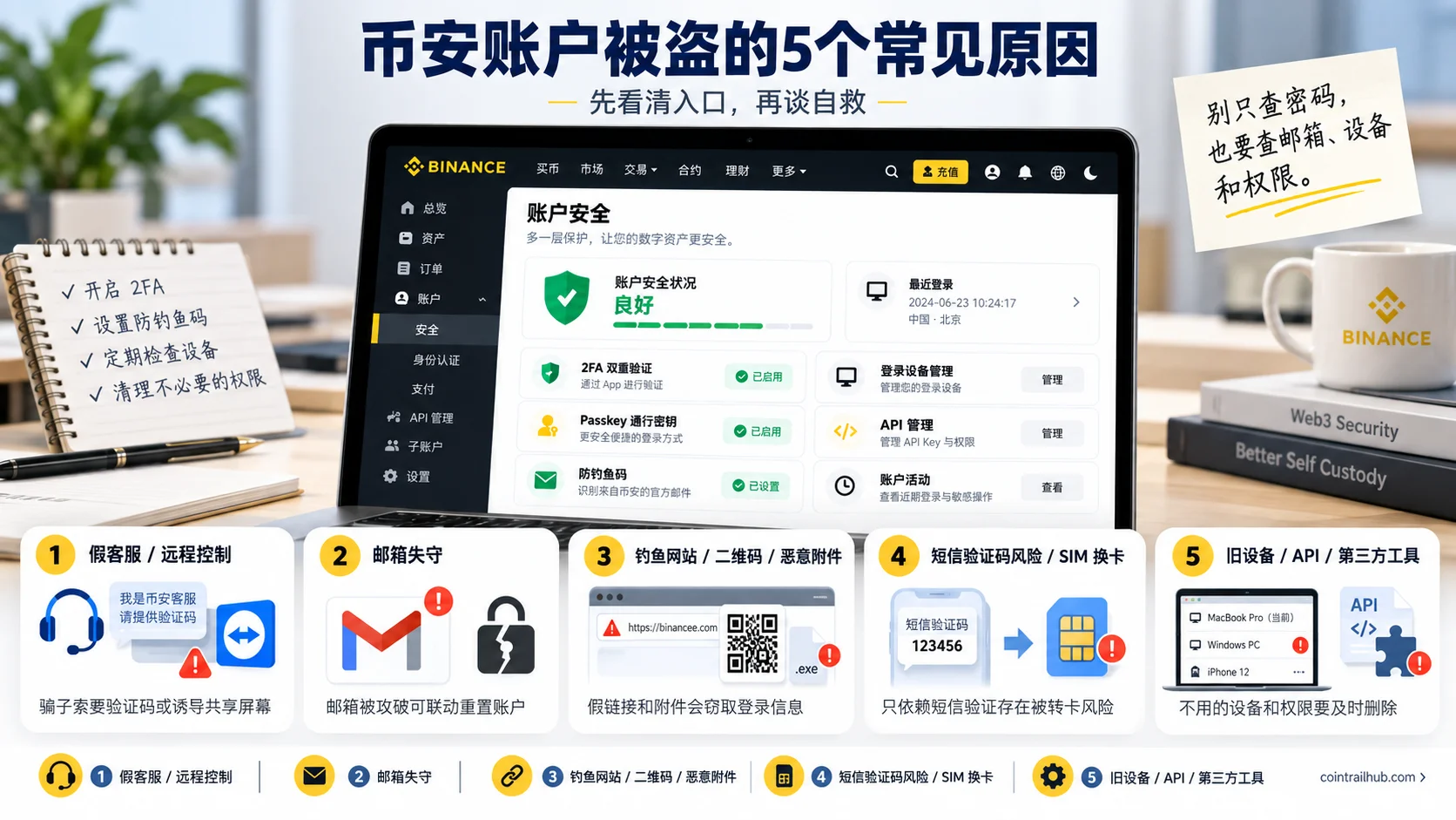币安账户被盗的5个常见原因,包括假客服远程控制、邮箱失守、钓鱼网站和恶意附件、SIM换卡以及旧设备和API权限风险